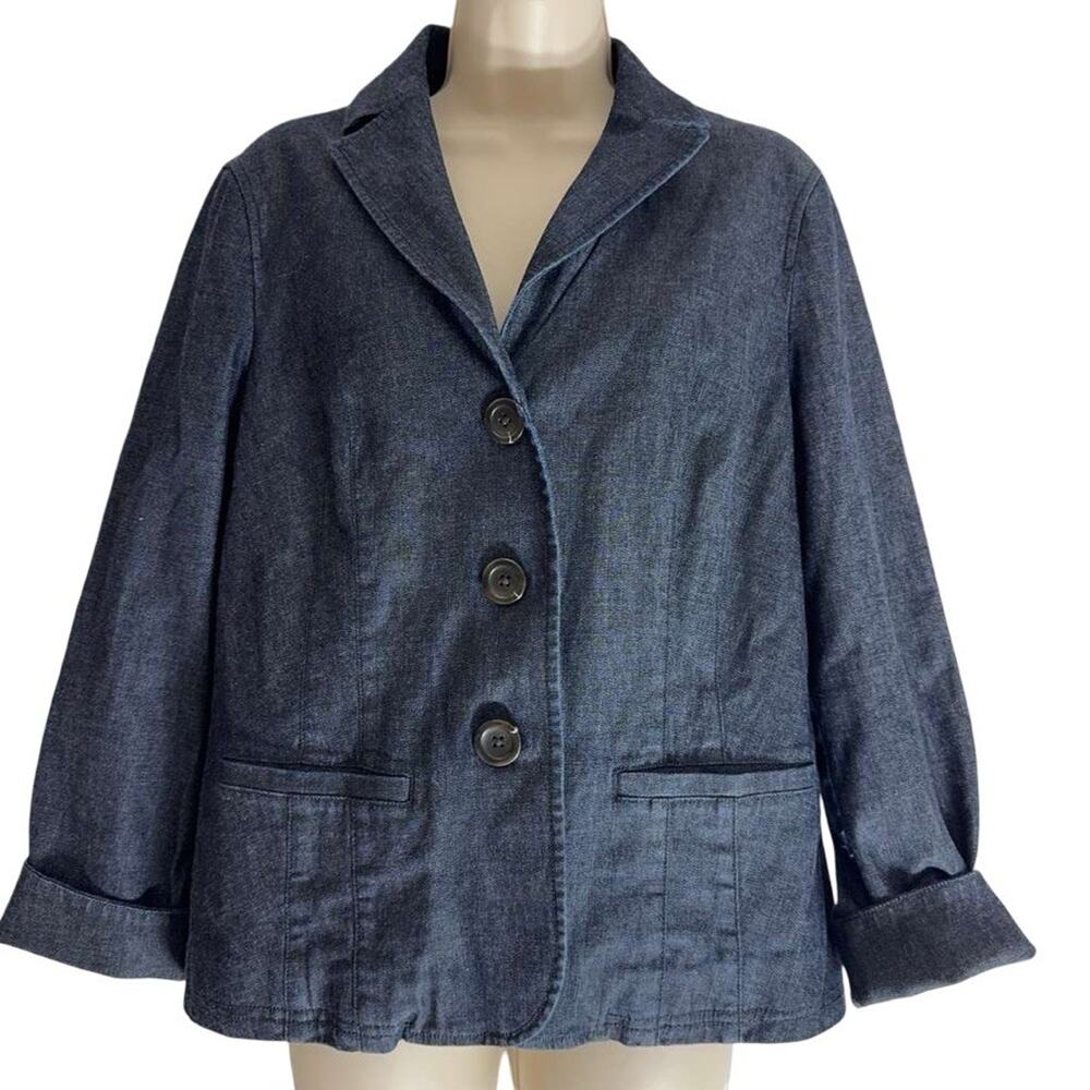 LL Bean Womens Denim Blue Jean Blazer Jacket Lined Stretch Cotton sz 12 Petite